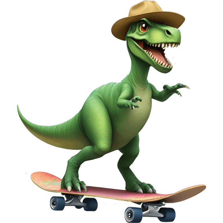 Dinosaur riding skateboard with cool hat emoji