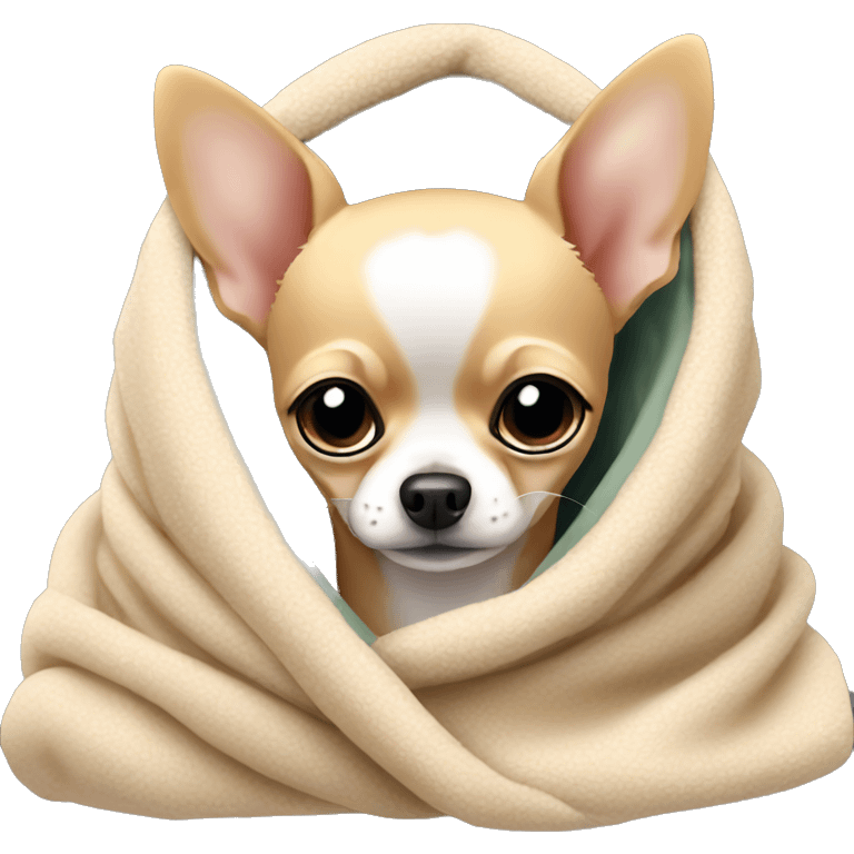 Blonde short-haired chihuahua wrapped in a cozy blanket emoji