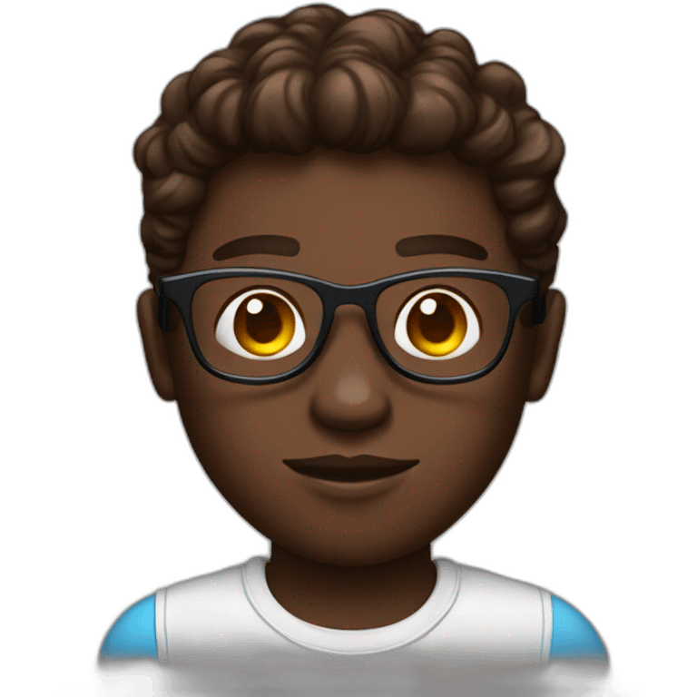 a chocolate skin boy with blue eyes, crypto shirt, glasses and a crown of bitcoin emoji