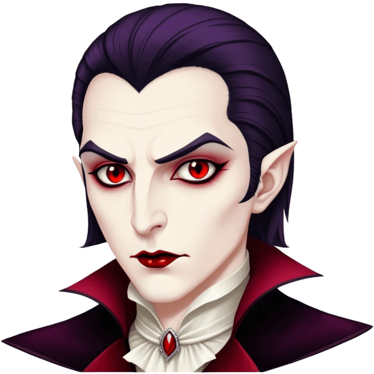 Cinematic Noble Vampire Portrait Emoji, Elegant and commanding, with a refined, pale visage framed by dark, velvet accents and a hint of crimson, exuding timeless seduction and dangerous allure, simplified yet exquisitely detailed, glowing with a soft nocturnal radiance and a subtle, mysterious outline that captures the regal spirit of an immortal lord of the night! emoji