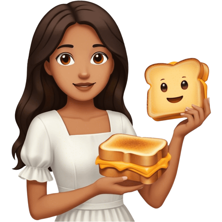 Beautiful woman in 1950’s woman fashion look, white dress, long dark brown hair, grilled cheese sandwiche emoji