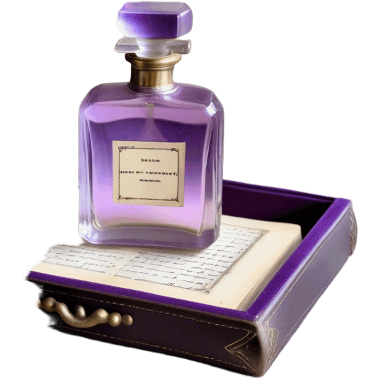 An ornate glass perfume bottle, filled with a delicate violet-hued elixir, rests on a lace-covered vanity tray, surrounded by pressed pansies in shades of lavender, plum, and amethyst, their petals softly curling with time. A worn leather-bound poetry book, its pages kissed with faded lilac ink, lies open beside it, exuding whispers of forgotten verses and fleeting romance emoji