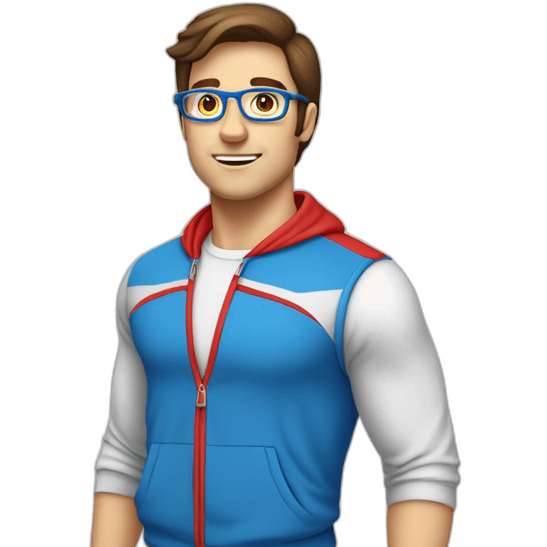 retro 70s blue and red gym clothes for a modern white brunette uni male student with glass emoji