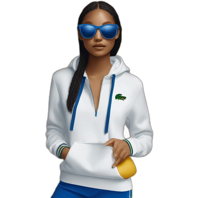 Lacoste bag girl with black lacoste hoodie e and blue oakley sportive sunglass  emoji