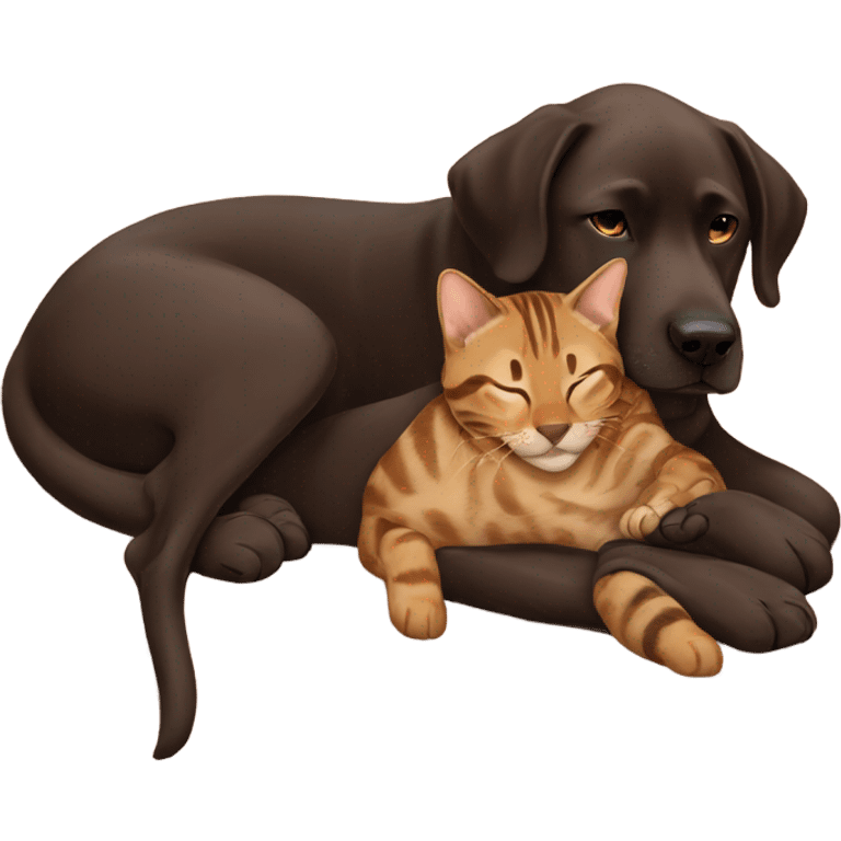 Dark brown labrador with bengal cat sleeping on top of each other  emoji