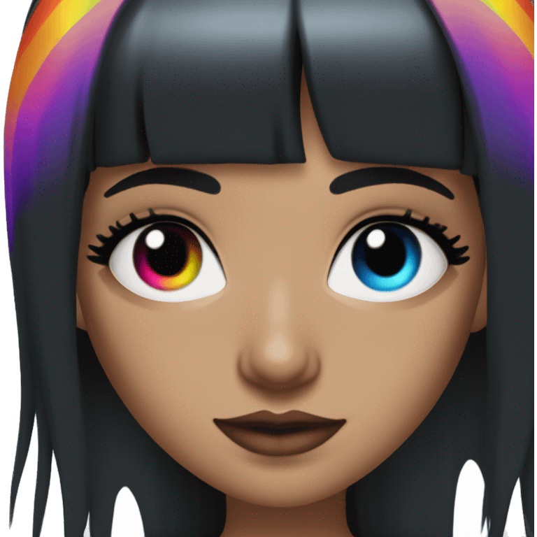 white girl blue eyes with long black hair and rainbow fringe. Wearing black crop top and with dark eye makeup on her eyes emoji