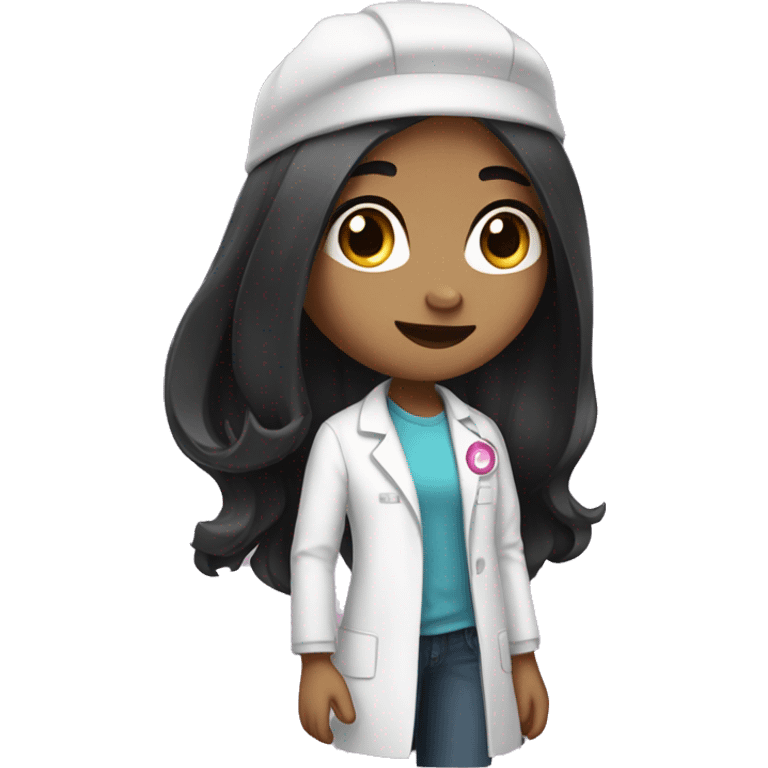 Young Girly scientist with long black hair and medium skin tone with pink accents emoji