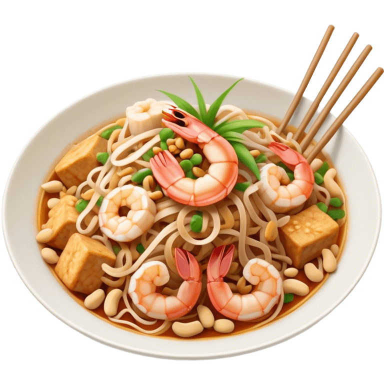 Cinematic Realistic Pad Thai Dish Emoji, depicted as stir-fried rice noodles with shrimp, tofu, peanuts, and bean sprouts rendered with vibrant textures and dynamic, appetizing lighting. emoji