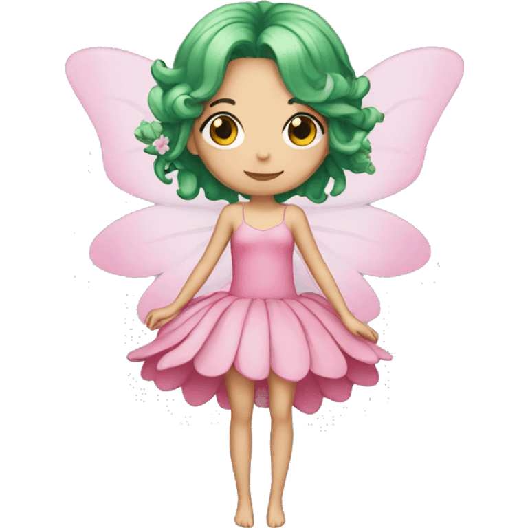 A skinny fairy, green hair, wings, pink dress with flowers  emoji