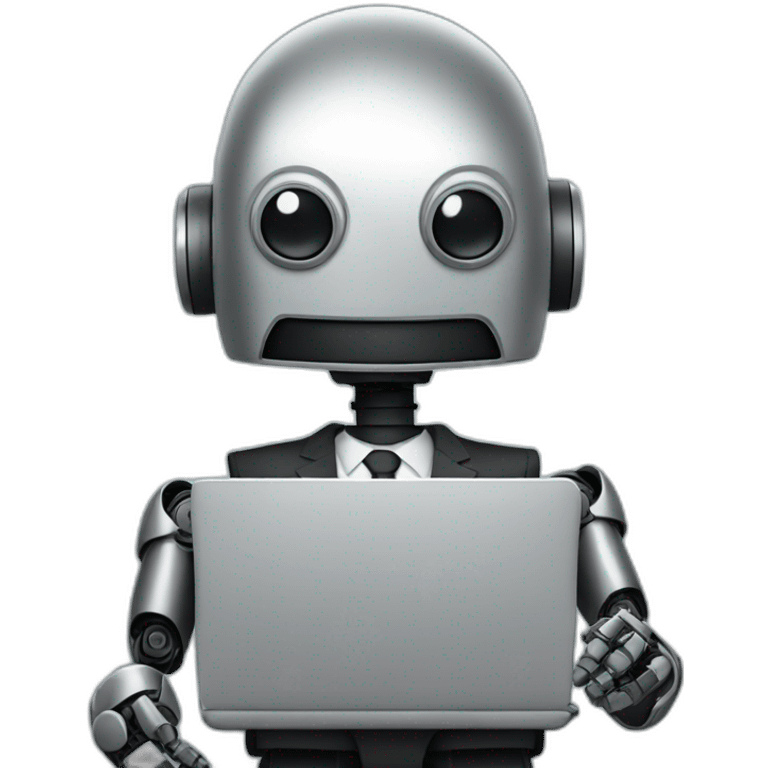 robot in a suit with head tilted using a laptop emoji