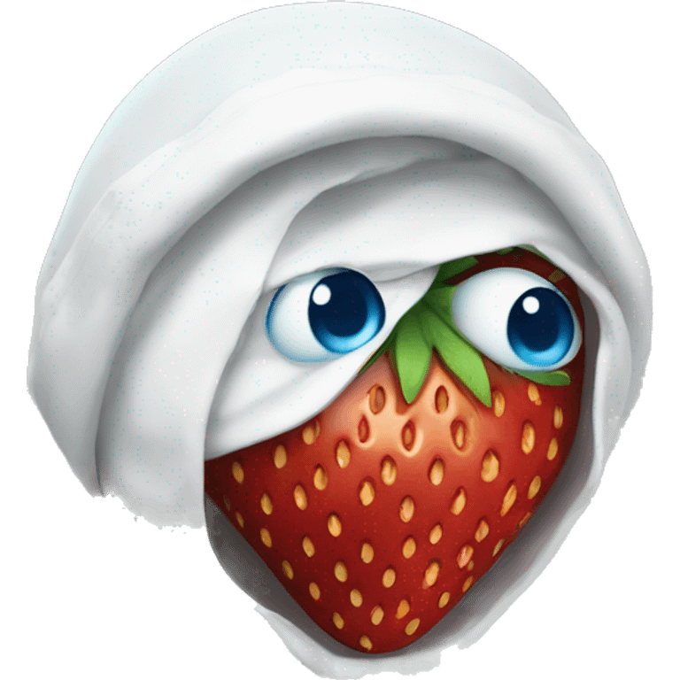 Strawberry character with blue eyes and white gloves emoji