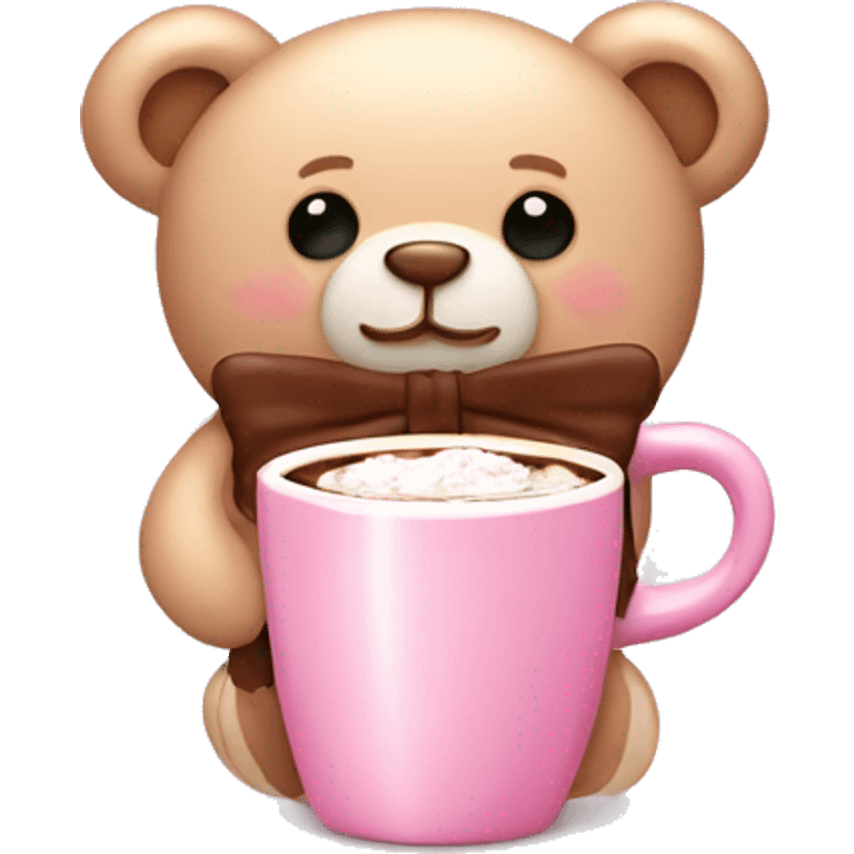 Light pink teddy bear with bow and hot chocolate emoji