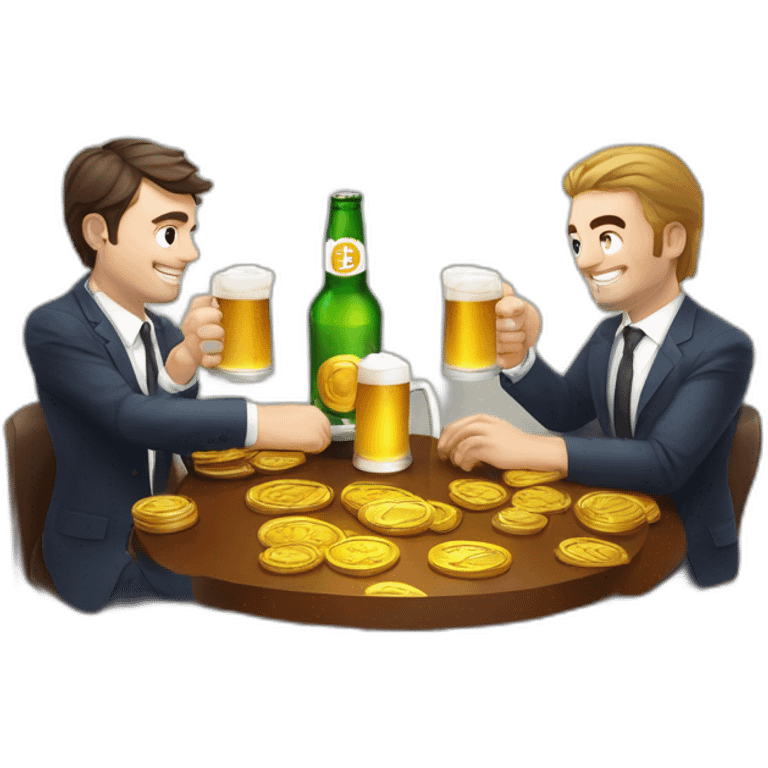 Ceo of coinhouse Nicolas louvet and ceo of cube3 Valentin Demé drinks a beer with bitcoin around him emoji