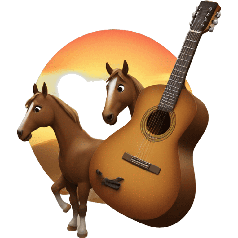 Un caballo ocando una guitarra al frente de un atardecer  emoji