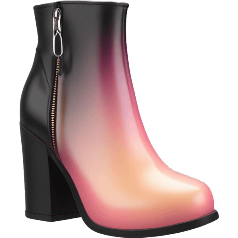 Hyper Realistic isolated top front view of a pair  of peach,pink and black ombre chunky heel zippered ankle bootie boots. emoji