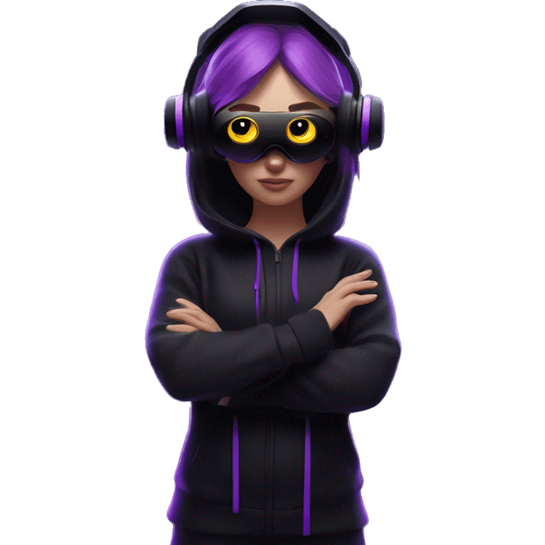 Russian girl wearing black hoody with violet letters "OMG", in vr headset oculus quest2. Standing like jedi. Cyberpunk style. Violet neon. emoji