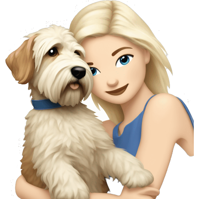 pretty woman blonde hair blue eyes hugging a white soft coated wheaten terrier dog emoji