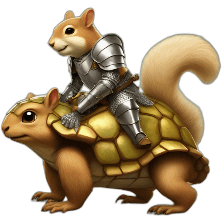 Squirrel form Middle Ages in shiny armor riding on a turtle emoji