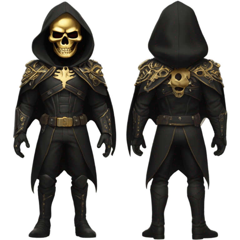 Bounty Hunter Boss with black cape and a perfect gold skull jaw mask from death Stranding, full body view emoji