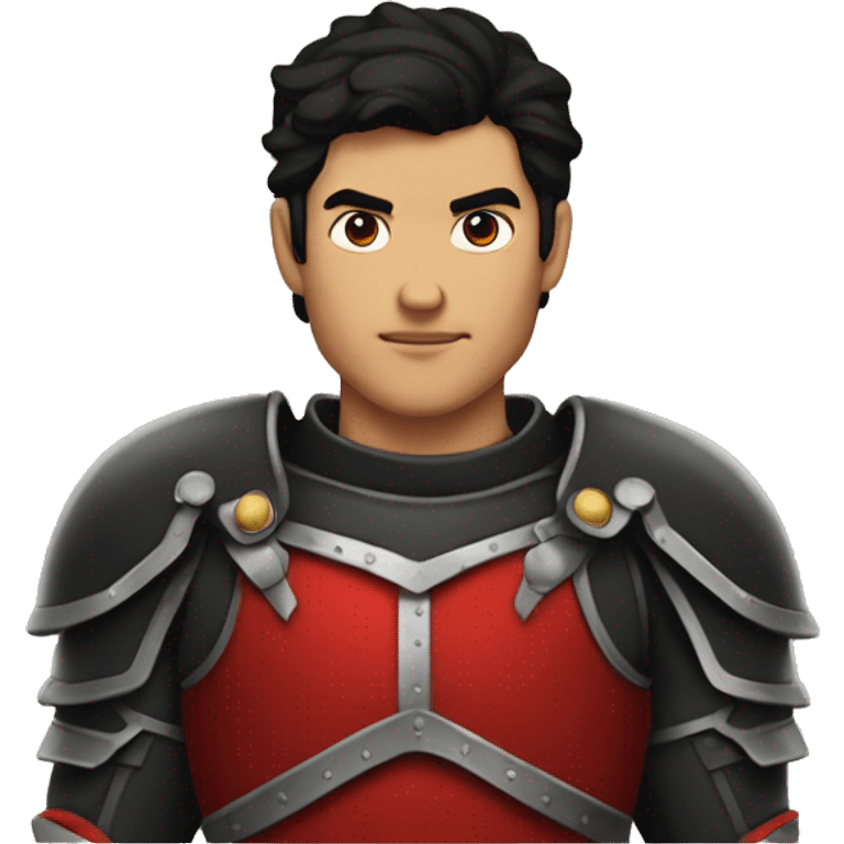 Tanned man with black hair and stern face wearing red and black armour vintage emoji