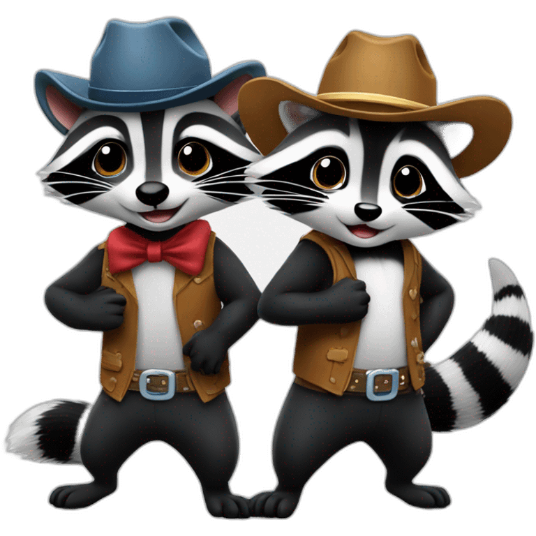 raccoon and skunk line dancing in cowboy hats emoji