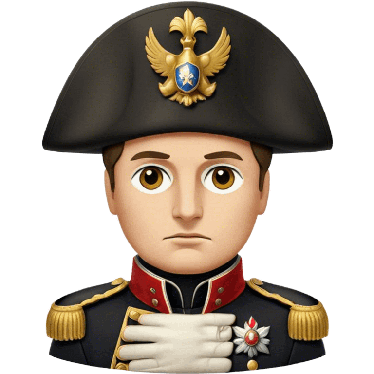 Cinematic Realistic Napoleon Bonaparte Portrait Emoji, depicted as a commanding military leader with a determined gaze and iconic bicorne hat, rendered with dramatic textures and bold historical lighting that captures his imperial legacy. emoji