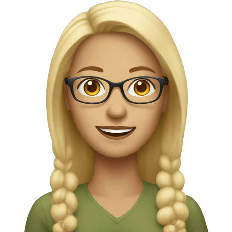 blonde woman with light brown glasses smiling emoji