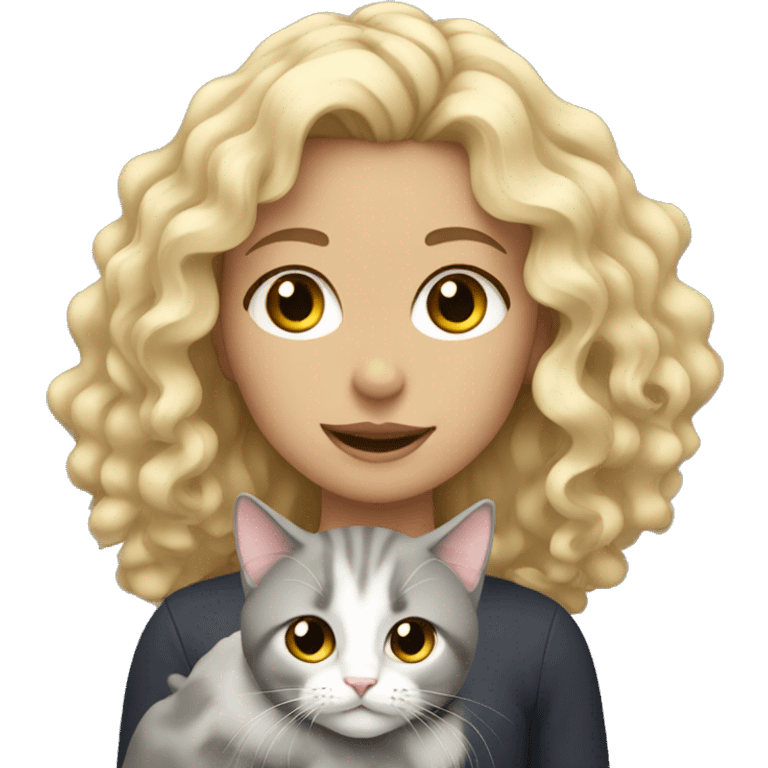 Girl with curly blonde hair holding a grey cat emoji