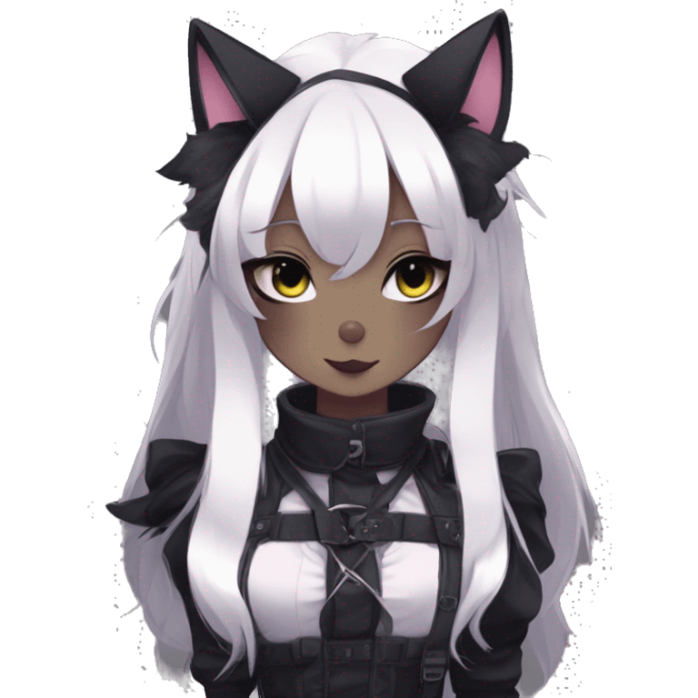 Gorgeous gothic dark techwear anime style anthro black cat furry with blushing face aesthetic and pretty edgy black with collar and harness trending style emoji