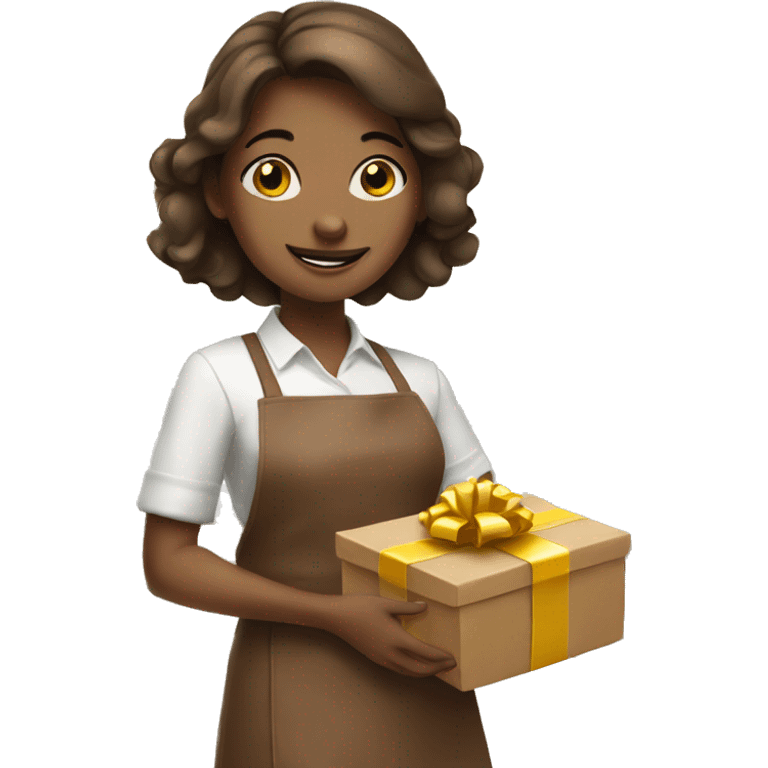 girl in brown apron with gift emoji