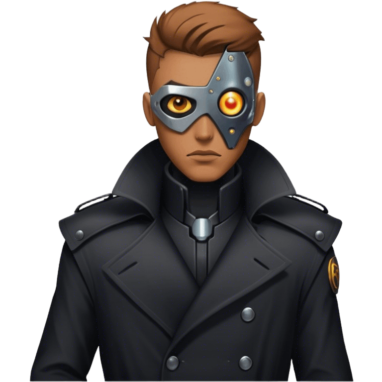 A dystopian bounty hunter, black trench coat, cybernetic eye glowing emoji