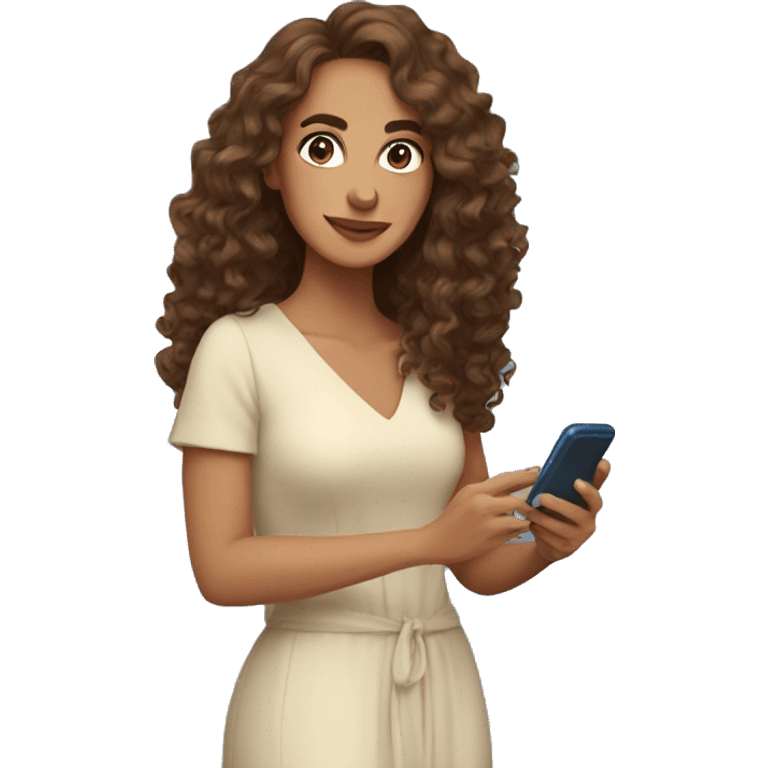 Spain woman content creator with long curly brown hair in blue dress and with smartphone  emoji