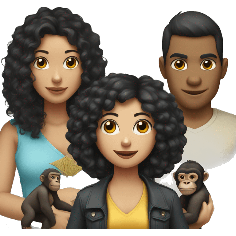 a woman with a monkey and a gorilla on her shoulder, the girl has black curly hair, light skin  emoji