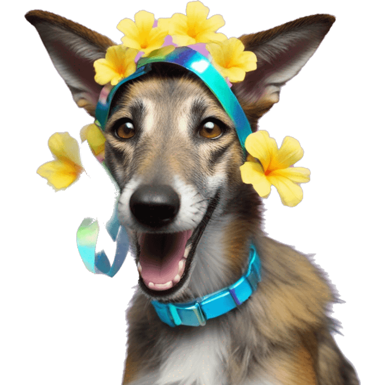  brindle fluffy lurcher Alsatian fox running blue eyes fluffy ears and iridescent holographic oilslick harness wearing paper iridescent tropical flower crown yellow caution tape neon sign emoji