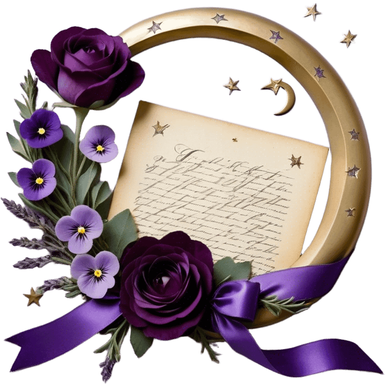 Beneath the soft light of a silver crescent moon, a bundle of handwritten letters lies wrapped in a velvety plum ribbon, adorned with a delicate sprig of lavender and a scattering of bruised violet pansies. A faded mauve rose and a deep purple peony, their petals gently curling at the edges, rest beside an ornate heart-shaped trinket, whispering tales of love lost and found. Golden stars twinkle faintly, reflecting off the wax-sealed envelopes, as if they, too, are enchanted by the lingering emotions woven into each word. emoji