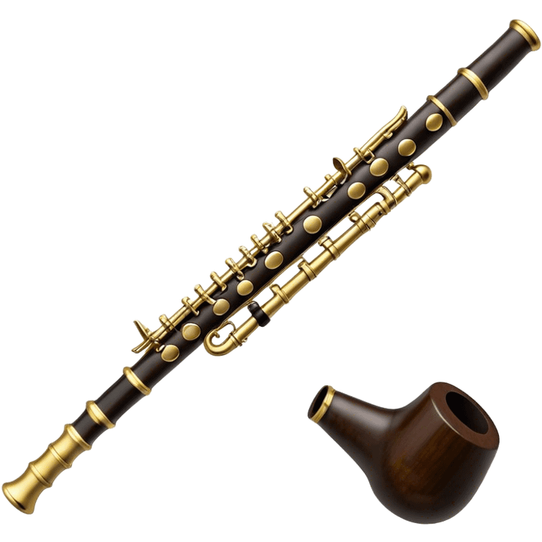 Create an elegant and detailed emoji depicting a black oboe with a cane. The design should showcase the smooth finish of the dark wood oboe with the metal keys clearly visible. A yellow thin bamboo cane should be carefully placed at the top of the instrument, emphasizing its important role in creating sound. Add subtle details such as silver or brass inserts on the keys to emphasize the high quality of the instrument. Use deep black, silver, and wood tones for the oboe to emphasize its refined appearance. The background should be transparent. emoji