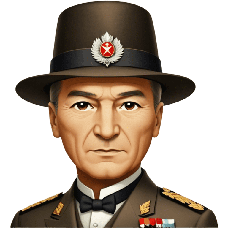 Mustafa Kemal Atatürk (statesman) in traditional hat – Cinematic Realistic Portrait of Mustafa Kemal Atatürk, depicted in dignified traditional attire with a distinctive hat, a resolute and visionary expression illuminated by warm, historic lighting, rendered with rich textures that evoke his transformative leadership. emoji