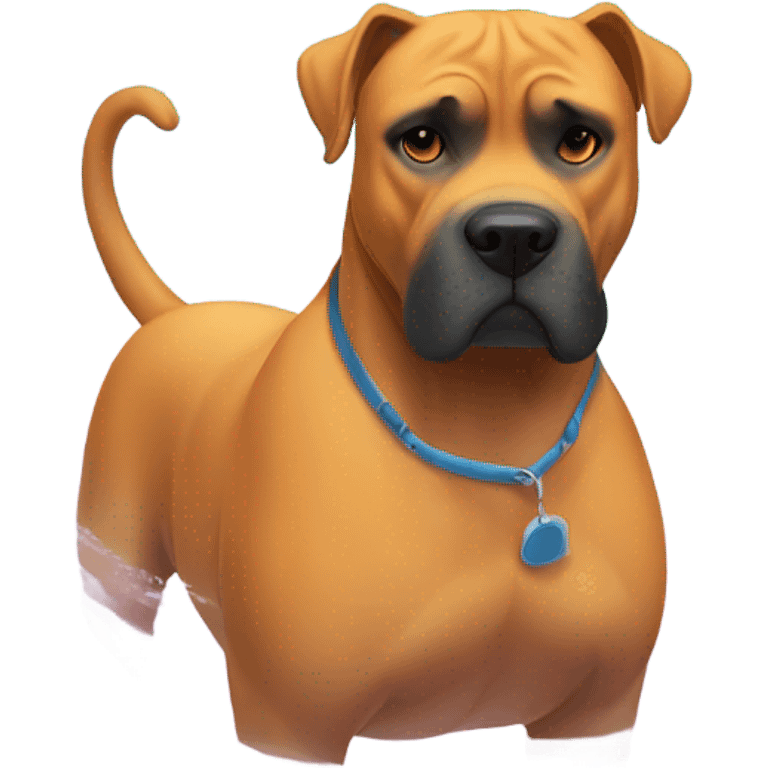 An orange-colored Cane Corso wearing a bathing suit while swimming. emoji