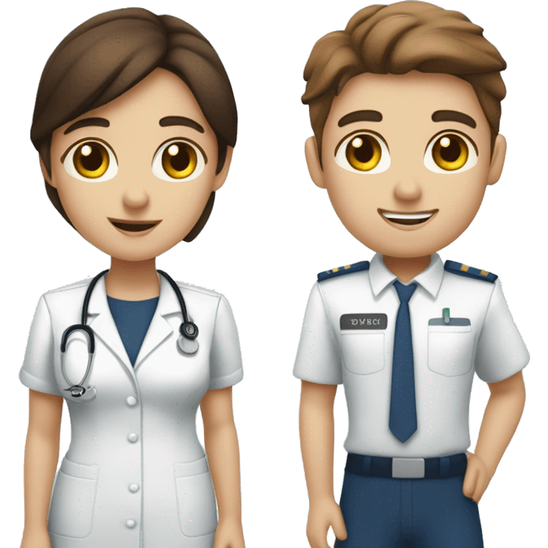 long brown haired girl nurse with brown eyes  and brunette haired boy pilot with blue eyes. couple holding ha ndds  emoji