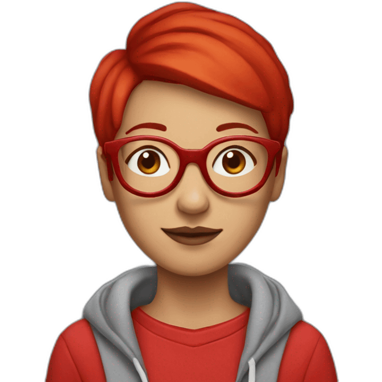 woman with red pixie cut wearing a red hoody and big red glasses emoji