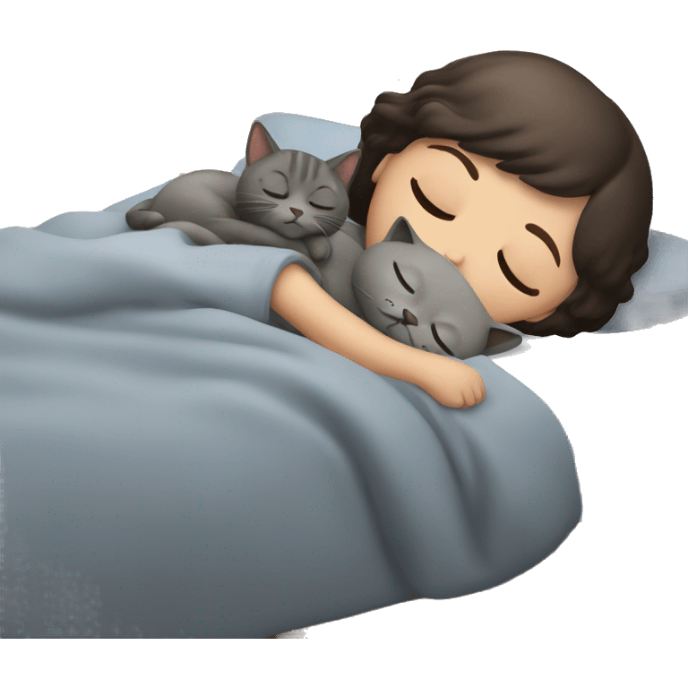 Brunette girl with short hair sleeping with grey cat  emoji