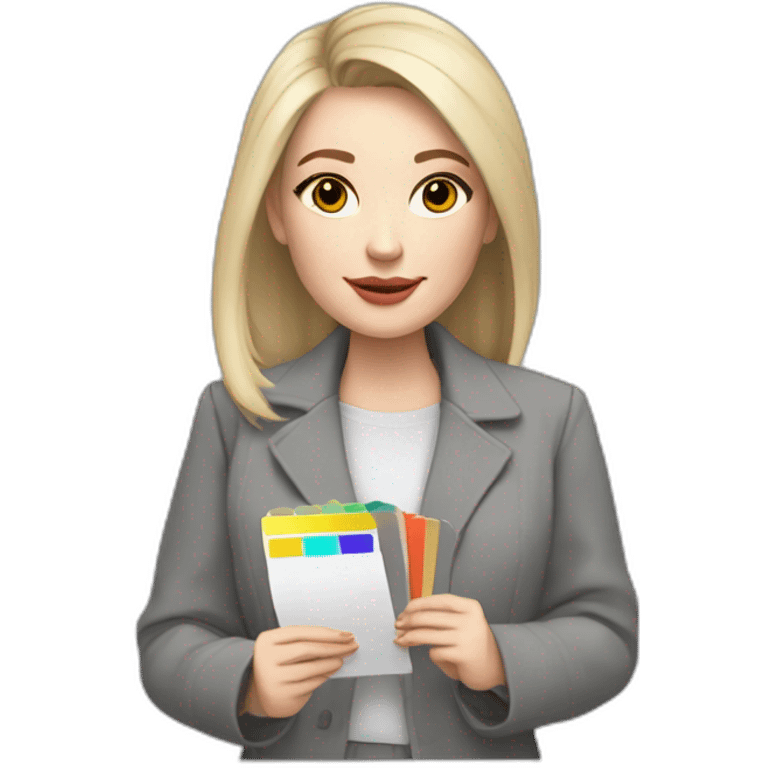 pale skin woman with cold blonde straight middle length hair, care haircut, White blouse, Gray oversize jacket, Gray skirt holding a color palette in the hands emoji