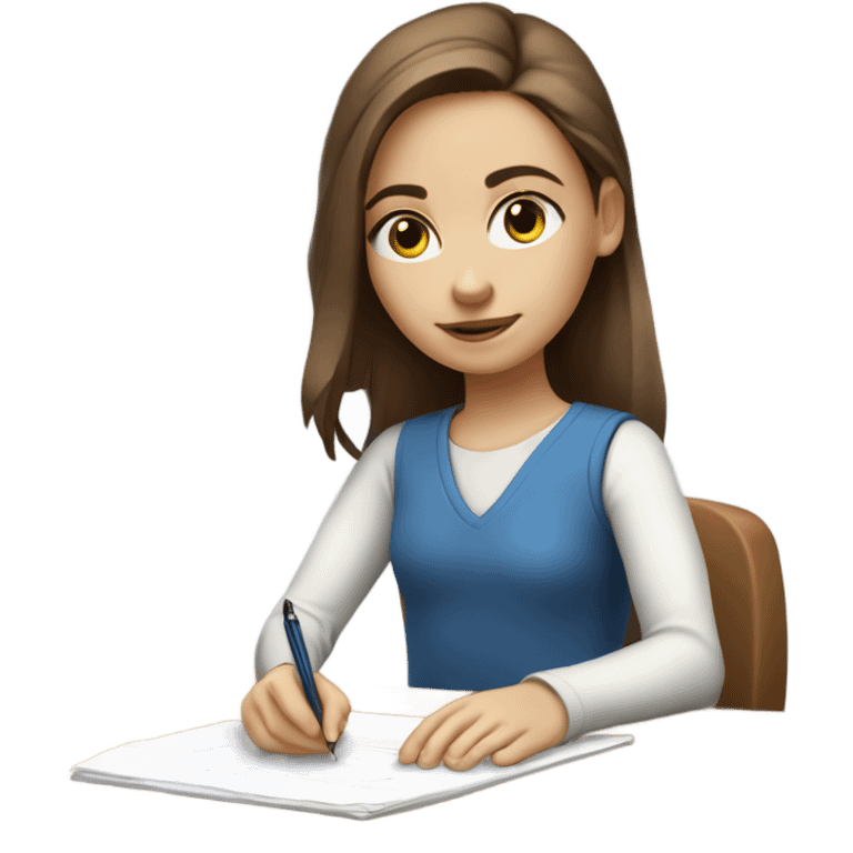 White Smart brown hair girl with blue eyes and light skin doing Homework on a desk writing on a piece of paper  emoji