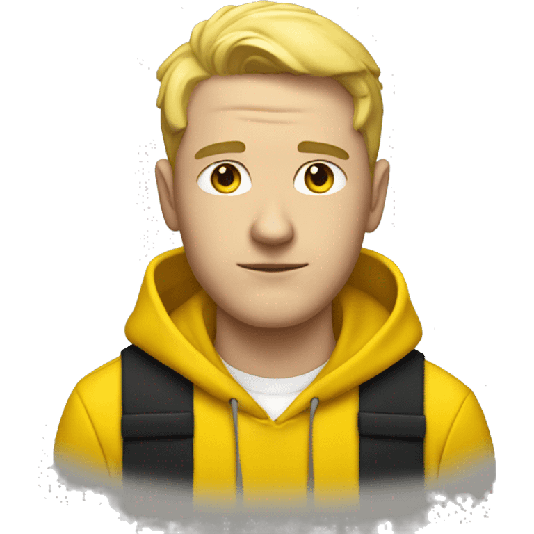 White cool guy in yellows hoodie with black ribbon over the shoulder emoji