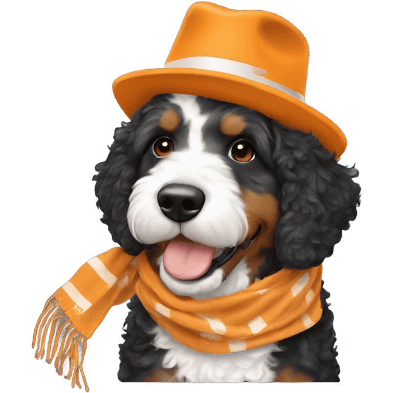 Bernedoodle with University of tennessee hat and scarf emoji