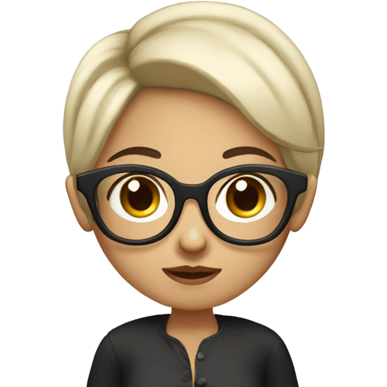 a girl with short black hair, Wearing large square-framed glasses, Round face, calm expression emoji