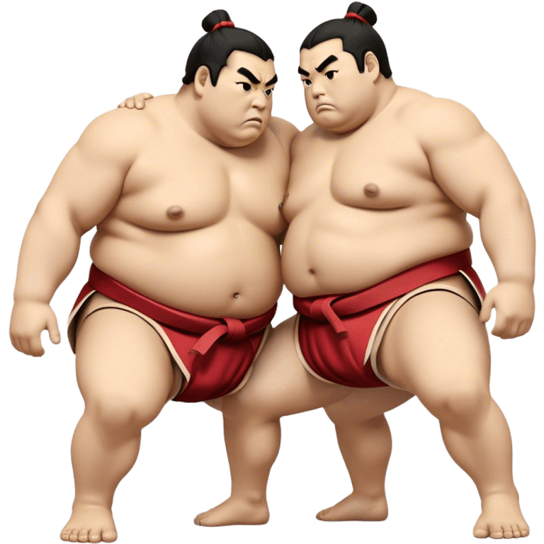 Cinematic Realistic Sumo Wrestling Emoji, depicted as an intense sumo match featuring powerful wrestlers in traditional mawashi, rendered with rich textures and dynamic dramatic lighting that captures the raw intensity of the sport. emoji