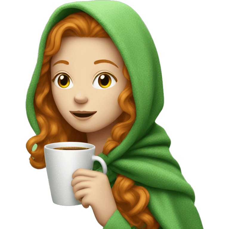 Ginger girl in green blanket sipping coffee emoji