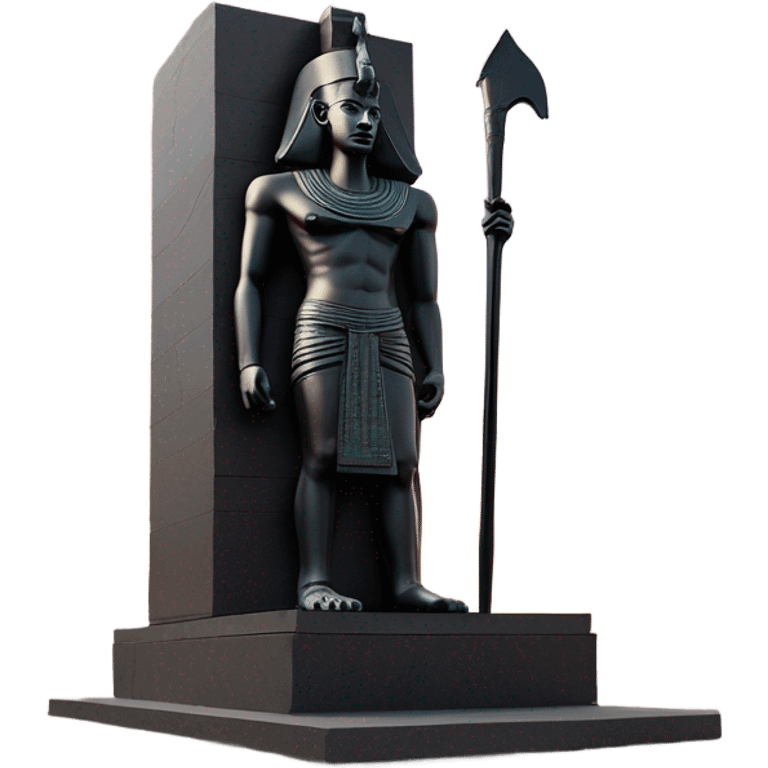 Osiris crook and flail obsidian statue on granite 30 ton brick, massive size, sunlight behind, sunset colors, reflections on black stone polished clean perfect, photography angles emoji