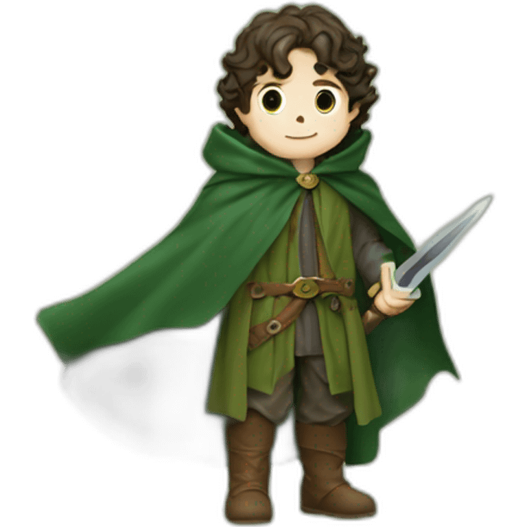 Frodo Baggins in a green cloak with the One Ring and a blade emoji